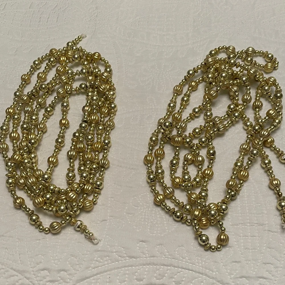 Set of 2 Strands Gold Tone Beaded Christmas Garland with Different Shapes & Size